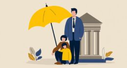 Illustration of a family under a large yellow umbrella, symbolizing protection, standing beside a courthouse-like building, representing legal and insurance support