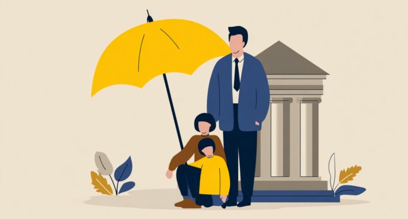 Illustration of a family under a large yellow umbrella, symbolizing protection, standing beside a courthouse-like building, representing legal and insurance support